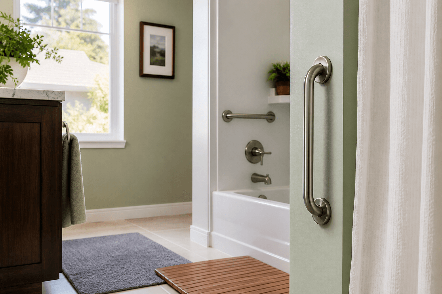 A clean residential bathroom with installed grab bars and senior safety upgrades